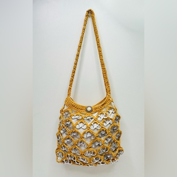Handmade Crochet Gold Brown Handbag Purse Art with Recycled Soda Pop Tabs - Picture 2 of 14